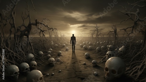 Silhouette of a man walking along a road strewn with skulls towards the setting sun.
