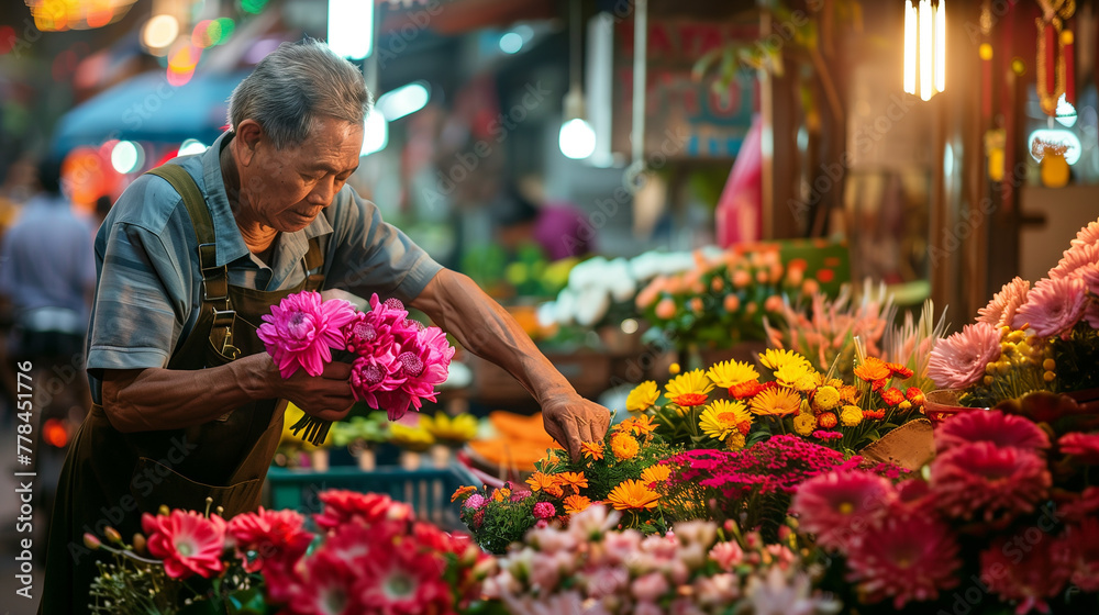 In the heart of the city, a sleek flower stall stands out, its owner exuding confidence and style as he tends to his blossoms