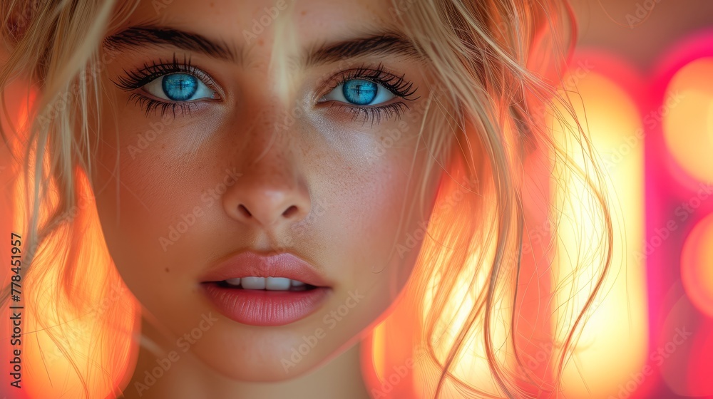 a close up of a woman's face with bright lights behind her and a red light in the background. a close up of a woman's face with bright lights behind her and a red light in the background.