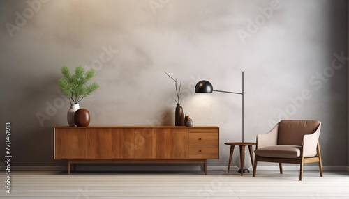 Maqueta de interior de salón con sillón, lampara y mueble de madera. Pared de hormigón gris con espacio. photo