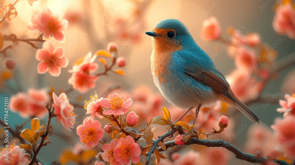 a small blue bird sitting on a branch of a tree with pink and yellow flowers in front of a blurry background.