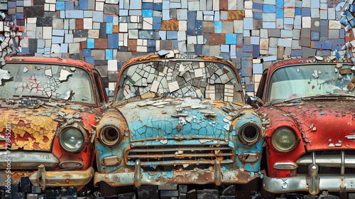 Experience the beauty of decay and renewal as squished cars from a junkyard are repurposed into a breathtaking, abstract mosaic, symbolizing the resilience of nature and human innovation photo