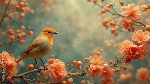 a bird sitting on top of a tree filled with lots of orange and pink flowers in front of a blue sky. © Mikus