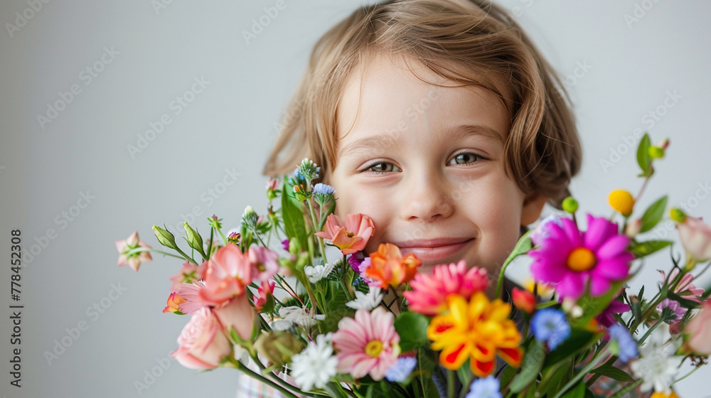 Happy, smiling kid with bunch of colorful flowers for mothers day or birthday celebration. Horizontal banner or background Happy, smiling kid with bunch of colorful flowers for mothers day or birthday celebration. Horizontal banner or background