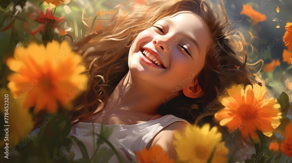 Portrait of a young woman, her face is framed by an abundance of blooming flowers, creating an enchanting scene.