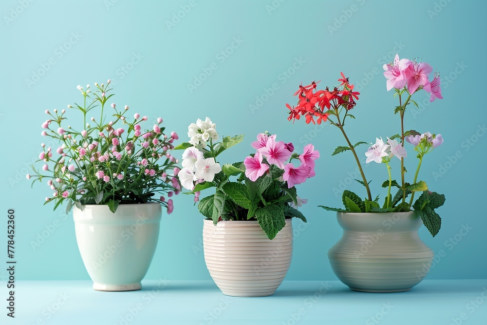 Different flowers in pots on blue background
