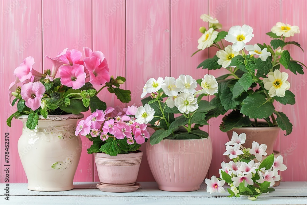 Different flowers in pots on wooden table
