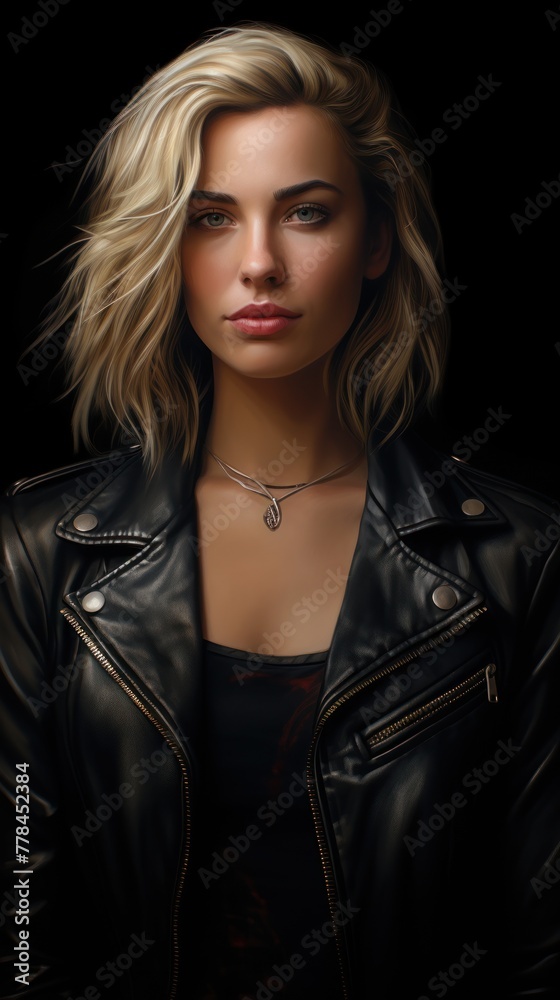 Stunning image of a fashionable young woman in a leather jacket exuding beauty and confidence with long blonde hair.