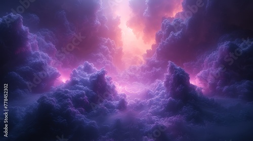 a sky filled with lots of clouds with a bright light coming out of the top of the clouds in the middle of the picture.