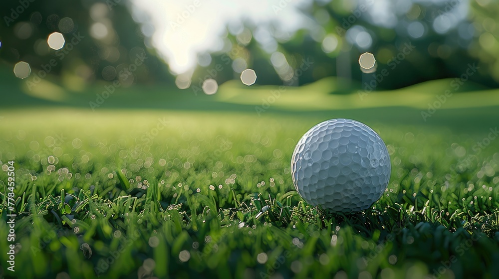A detailed view of a white, dimpled golf ball poised on a tee, with the lush fairway and distant holes softly blurred, emphasizing the precision and calmness of golf - obrazy, fototapety, plakaty 