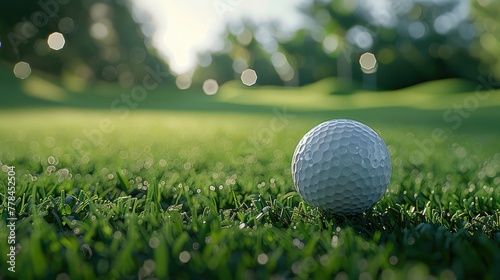 A detailed view of a white, dimpled golf ball poised on a tee, with the lush fairway and distant holes softly blurred, emphasizing the precision and calmness of golf