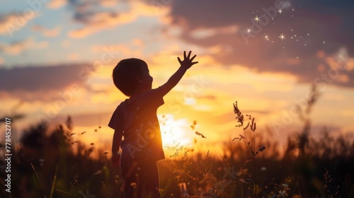 A silhouette of a little child reaching out to grab stars, Expresses the ambition, The joy of a small child with dreams. Kid having fun at sunset.