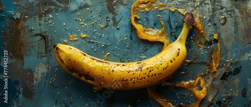   A ripe banana rests on a wooden table with brown and yellow paint and sprinkles