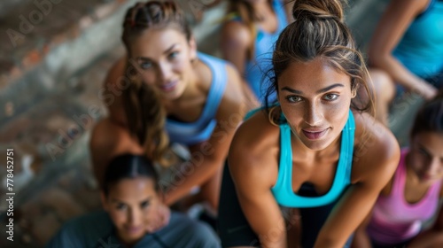 Group of men and women doing exercising together in stairs city. Multi-ethnic friends workout together and smiling. Running on the same place workout.