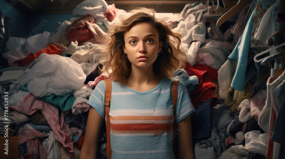 A girl with a sad face contrasts with the disorder in the room, forming a vivid image that suggests a demand for cleanliness and order.