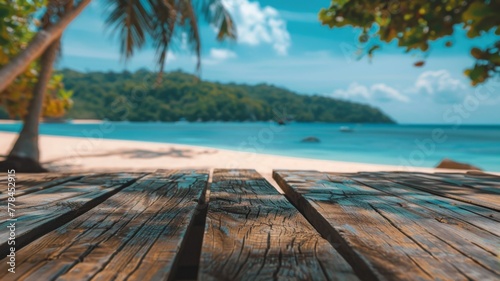 Empty Wooden Table in Tropical Beach View