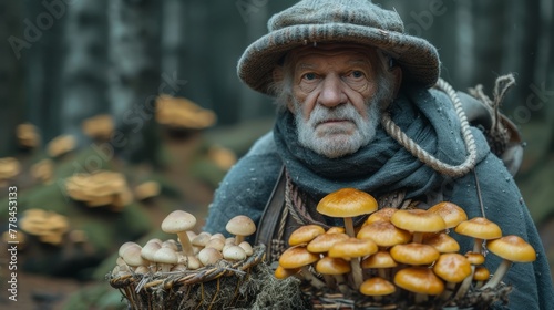 a figurine of an old man holding a basket of mushrooms and a basket of mushrooms in front of him.
