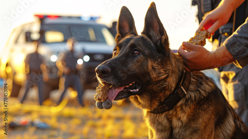 A Belgian Malinois in a police K9 unit, being rewarded with a special treat after a successful training session, with the squad vehicles and equipment in the background, 