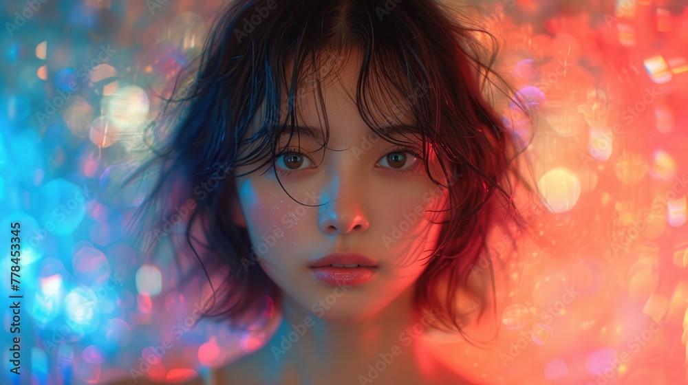 a close up of a woman's face with blurry lights in the background and a blurry background. a close up of a woman's face with blurry lights in the background and a blurry background.