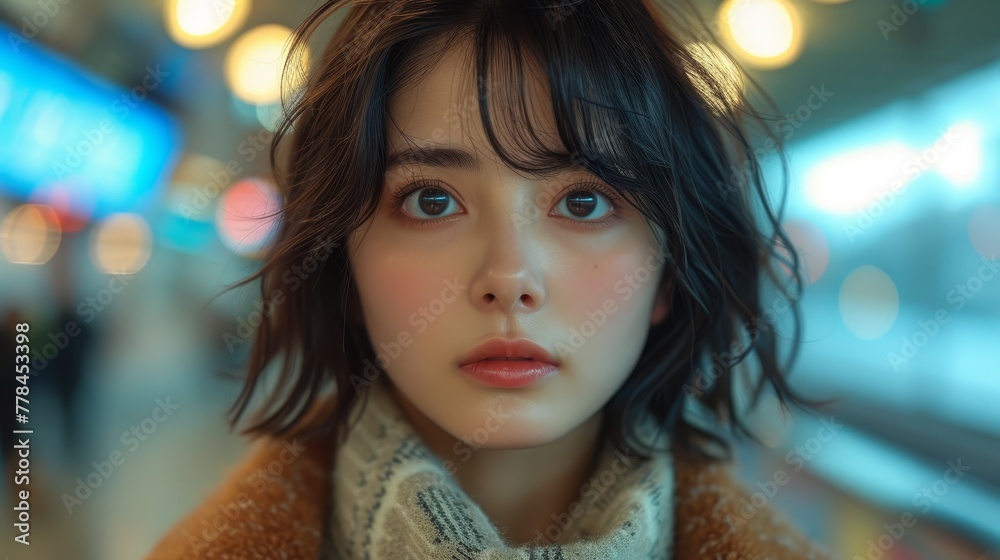 a close up of a person with a scarf around their neck and a blurry image of a person in the background. a close up of a person with a scarf around their neck and a blurry image of a person in the background.