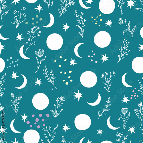 Sky, new moon, stars, seamless pattern