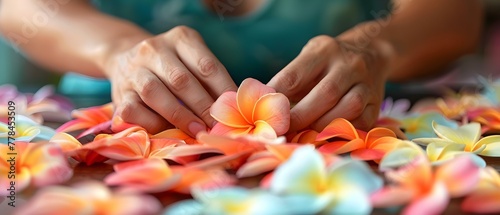 Artisan Crafting Plumeria Lei with Care. Concept Floral design, artisan crafting, Hawaiian tradition, lei making, tropical flowers