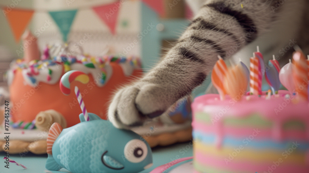 A close-up of a cat's paw reaching for a small, fish-shaped birthday treat, with the backdrop of a tastefully decorated room in soft, celebration colors.