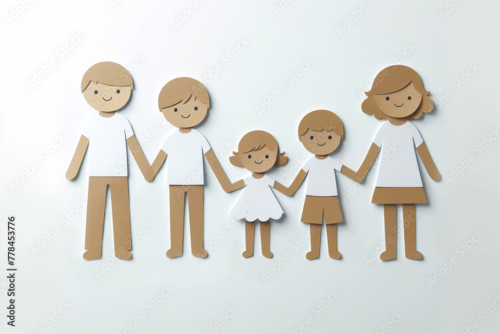 Paper cut out family, mother, father and children holding hands on white background. Celebrating International Family Day on May 15. Paper cut out family, mother, father and children holding hands on white background. Celebrating International Family Day on May 15.