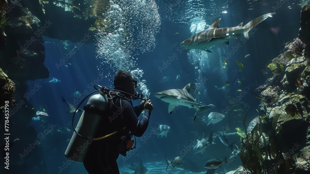 Photograph of a diver feeding sharks in an aquarium.