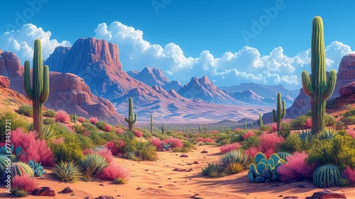 a painting of a desert scene with cacti and mountains in the background and a blue sky with clouds.