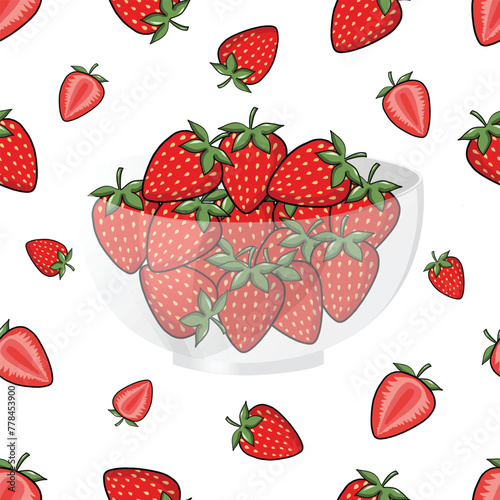 Fototapeta Naklejka Na Ścianę i Meble -  Strawberries falling in a glass bowl vector seamless pattern. Fresh Strawberries in a Bowl. Red Strawberries Isolated on White Organic Berries suitable for any use Textile Fabric Prints Card or Banner