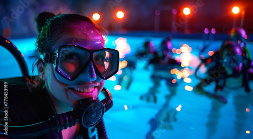 A smiling female instructor teaches diving techniques