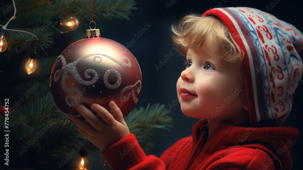 Naklejka premium In the image, a child is holding a red ornament and looking at it with wonder. The child is wearing a red and white hat and a red sweater. The background is a Christmas tree with lights.
