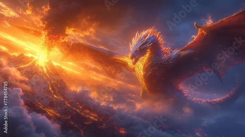 a dragon flying through a cloudy sky with bright yellow and red lights on it's back and wings flying in the air.