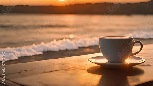 Coffee at table with ocean view at sunset.