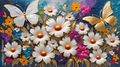 bright colorful flowers and white with gold butterflies painted with oil paint