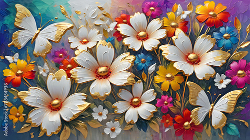 bright colorful flowers and white with gold butterflies painted with oil paint