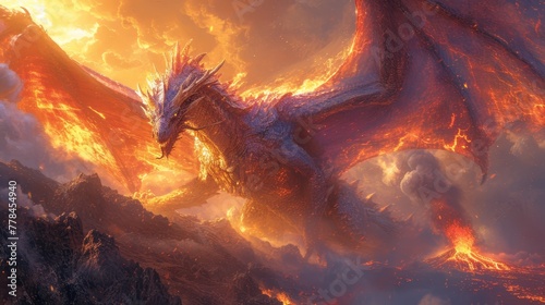 a dragon flying through the air over a mountain covered in fire and lava in front of a sky filled with clouds.