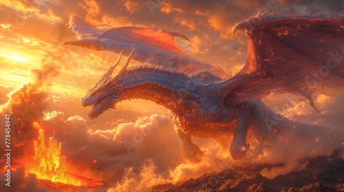 a dragon flying through a cloudy sky next to a red fire hydrant on top of a pile of rocks.