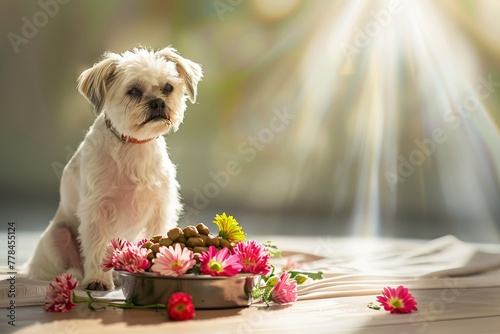 A Maltese dog sitting elegantly in a sunlit studio, beside a bowl of organic, raw dog food garnished with edible flowers, reflecting a lifestyle of luxury.
