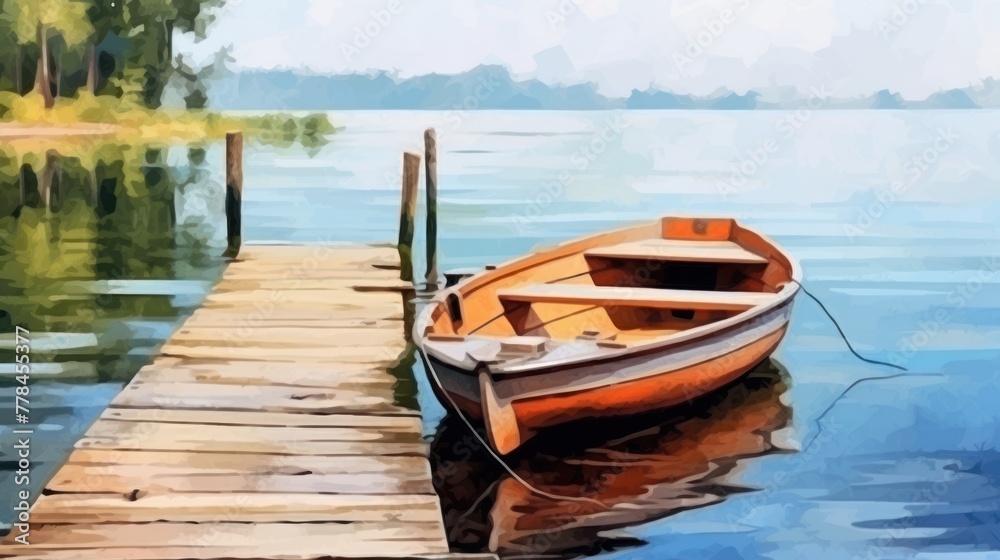 A small boat is tied to a wooden pier on the lake. The lake is blue and calm, with small ripples. The sky is blue with white clouds.