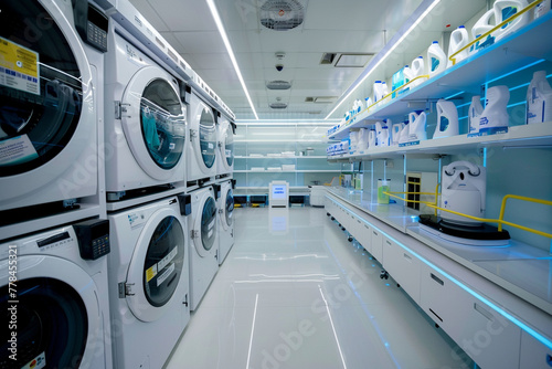 A smart laundry room with automated washing and drying machines, folding robots, and inventory tracking systems for detergent and fabric softeners.