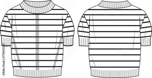 Women's Striped Short Sleeve, Mock Neck Crop Jumper- Technical fashion illustration. Front and back, white color. Women's CAD mock-up.