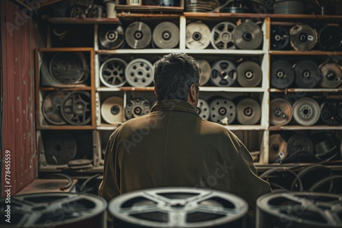 In an old film lab, a cameraman sifts through dusty reels. His eyes reveal a mix of regret and sorrow--the lost moments he failed to capture, now forever elusive. photo