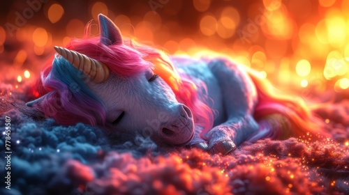 a pink and blue unicorn laying on top of a pile of blue and pink glittery carpet next to a yellow and orange light. © Mikus