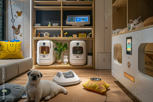 A smart pet area equipped with AI-enabled feeding stations, activity trackers, and interactive toys, providing enriching experiences and personalized care for furry companions.