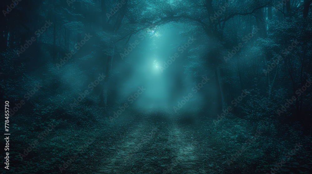 a path in the middle of a forest with a light at the end of the tunnel in the middle of the forest.