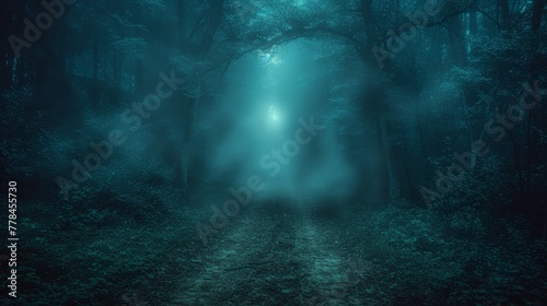 a path in the middle of a forest with a light at the end of the tunnel in the middle of the forest. © Mikus