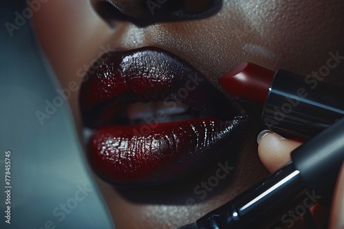 A woman applying lipstick  with a close-up focus on her lips to capture the moment of transformation and self-expression