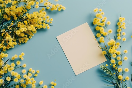 Mimosa flowers with blank greeting card on blue background